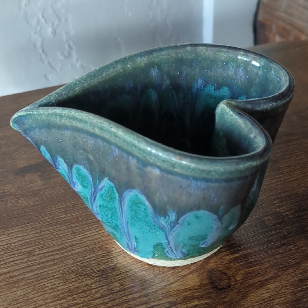 Artisan Pottery Heart Dish Bowl Tray Vase - Teal and Indigo Drip Glaze